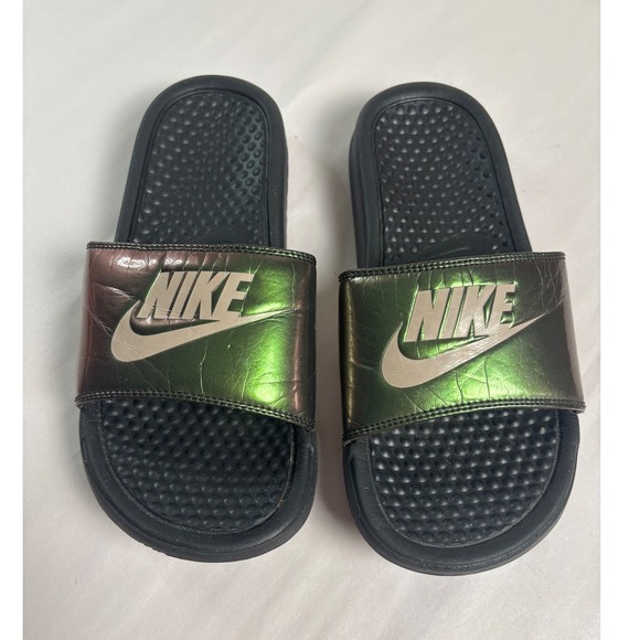 Nike Shoes - Nike Womens Benassi JDI Slides 6 Iridescent Green Black Logo Slip On Sandals